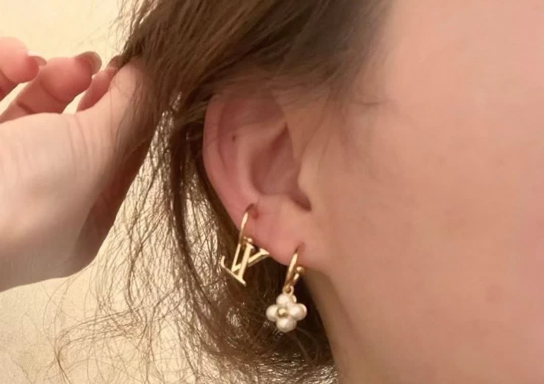 Louis Vuitton Gold Tone Logo & Pearl Flower Hoop Earrings